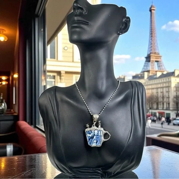 Blue Willow China Cappuccino Pendant With Artisan Silver Detailing & Ball Chain - Picture 15 of 15